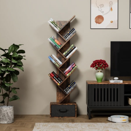 9 Tier Tree Bookshelf With Drawer Bookcase